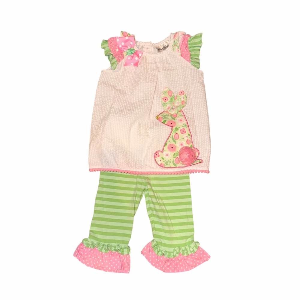 Rare Editions Seersucker Bunny Set with Ruffle Pants - 24M